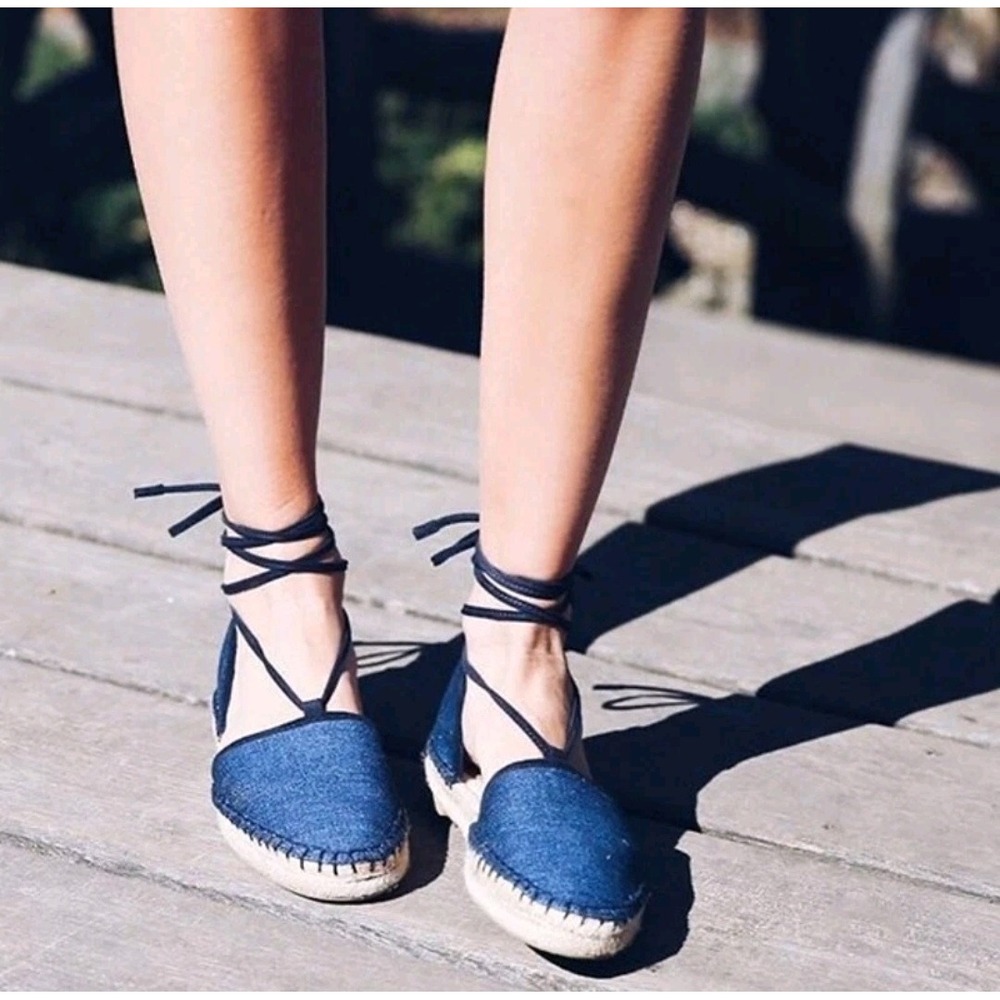 Frye Espadrille Women 9M Blue Denim Lace Up Brielle 3471211-DEM Flat Sandals